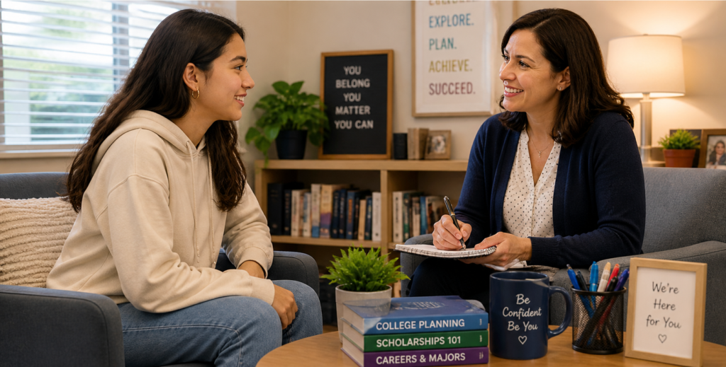 Student and college counselor having a confident, engaged coversation