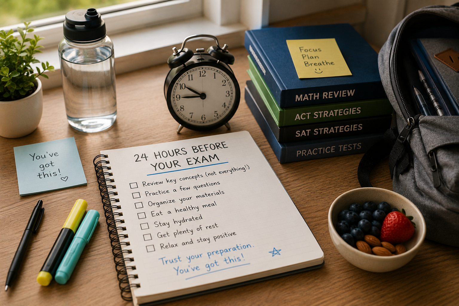Student organizing study notes and preparing the night before an exam