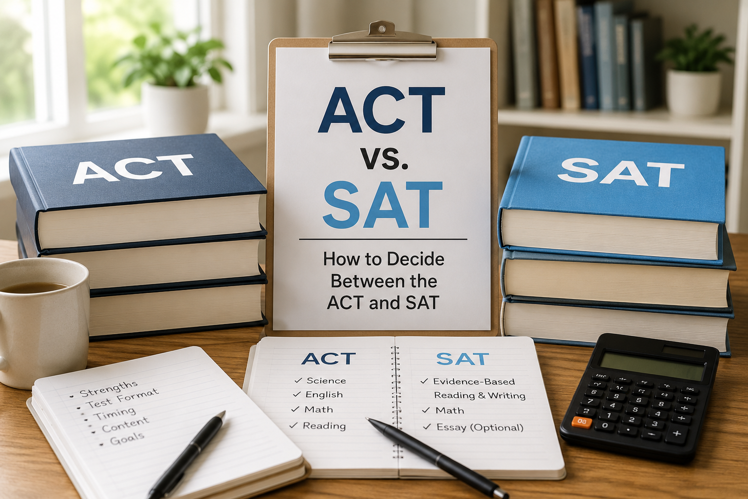 Student sitting at a desk reviewing ACT and SAT practice test booklets Act vs Sat