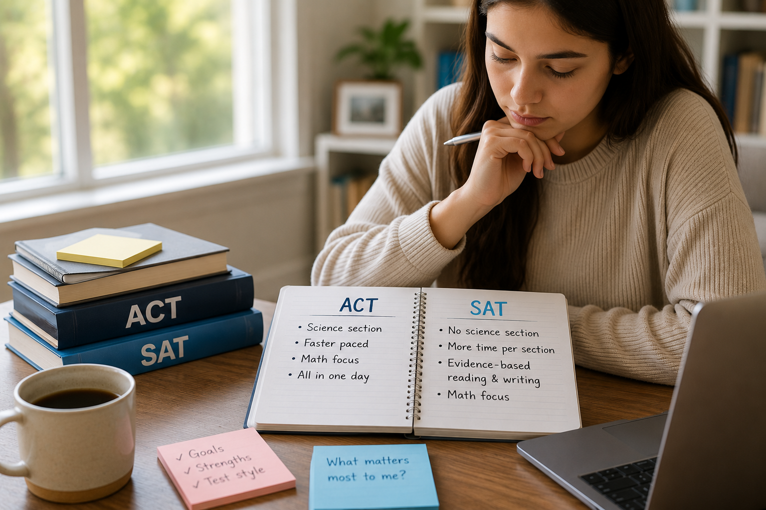 Student sitting at a desk reviewing ACT and SAT practice test booklets Act vs Sat