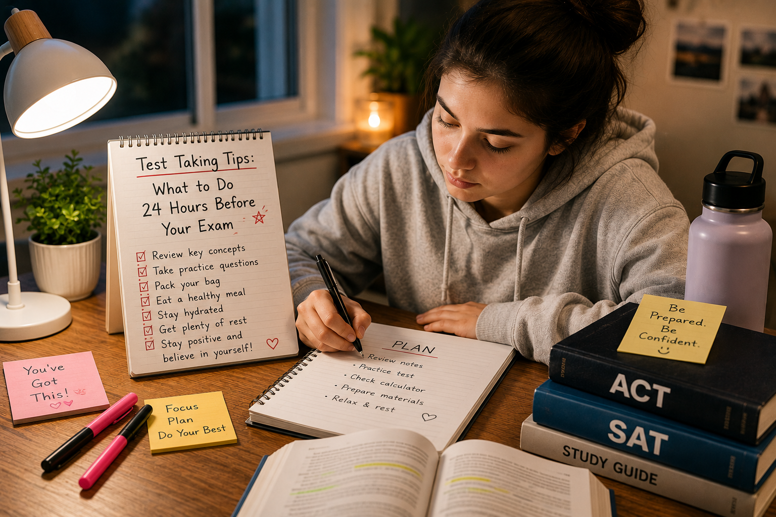 Student organizing study notes and preparing the night before an exam